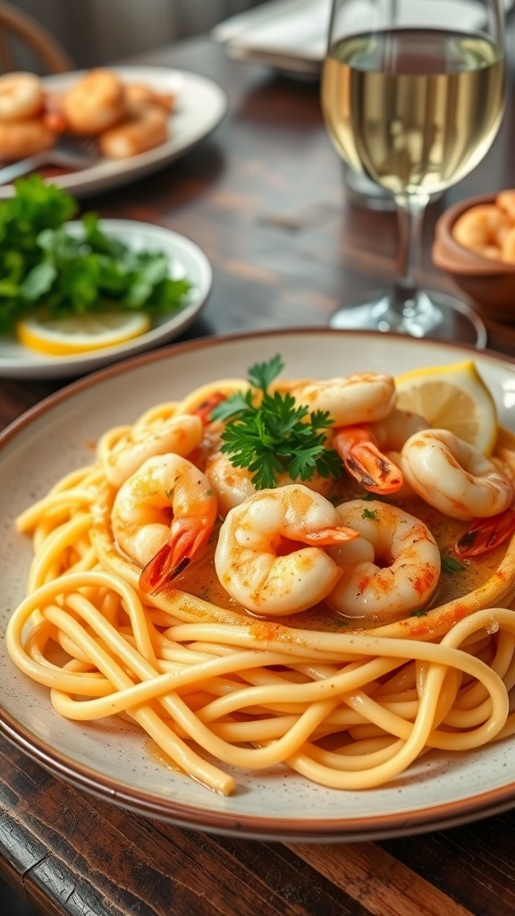 Shrimp scampi with linguine, garlic butter sauce, garnished with parsley and lemon.